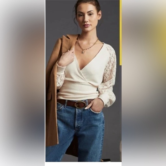 Anthropologie Surplice Ivory Lace Top - Picture 1 of 5